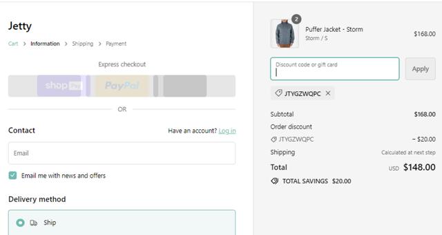 Jetty Clothing checkout page showing Jetty Clothing discount code box | Screenshot taken by SimplyCodes community member on Feb 25, 2024
