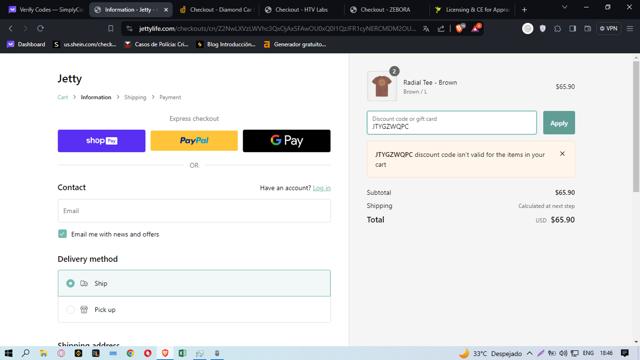 Jetty Clothing checkout page showing Jetty Clothing discount code box | Screenshot taken by SimplyCodes community member on Feb 6, 2024