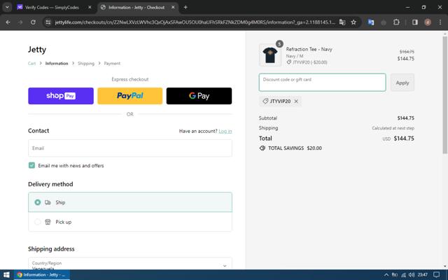 Jetty Clothing checkout page showing Jetty Clothing discount code box | Screenshot taken by SimplyCodes community member on Feb 6, 2024