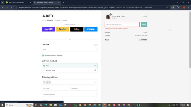 Jetty Clothing checkout page showing Jetty Clothing discount code box | Screenshot taken by SimplyCodes community member on Nov 6, 2024
