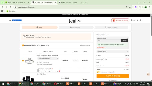 Jeulia checkout page showing Jeulia coupon code box | Screenshot taken by SimplyCodes community member on Sep 3, 2025