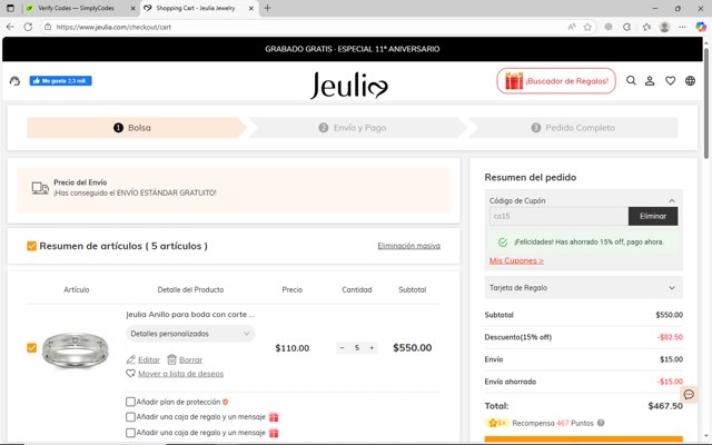 Jeulia checkout page showing Jeulia coupon code box | Screenshot taken by SimplyCodes community member on Sep 3, 2025