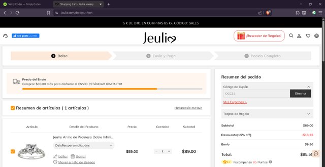 Jeulia checkout page showing Jeulia coupon code box | Screenshot taken by SimplyCodes community member on Sep 3, 2025