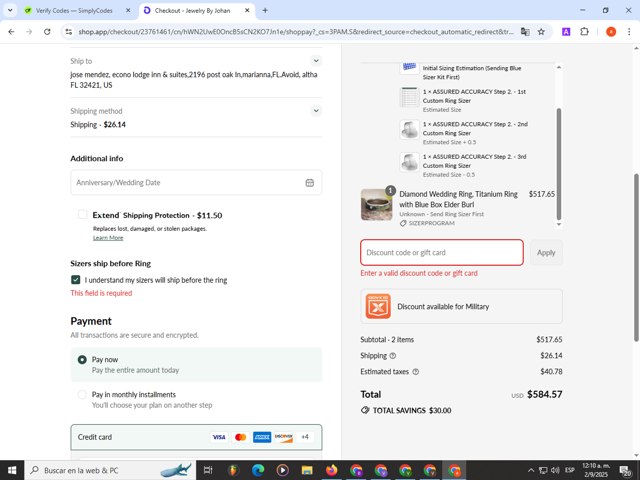 Jewelry by Johan checkout page showing Jewelry by Johan promo code box | Screenshot taken by SimplyCodes community member on Sep 2, 2025