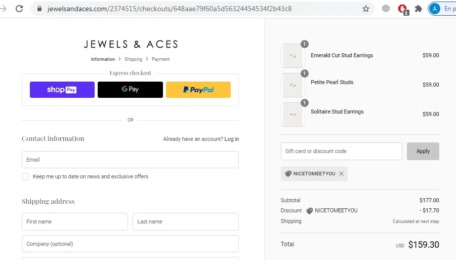 Jewels & Aces checkout page showing Jewels & Aces promo code box | Screenshot taken by SimplyCodes community member on Aug 25, 2020
