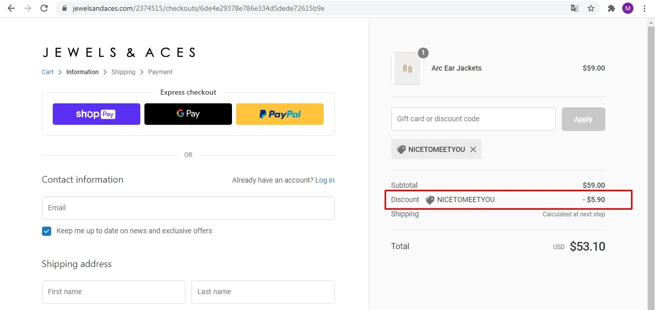 Jewels & Aces checkout page showing Jewels & Aces promo code box | Screenshot taken by SimplyCodes community member on Nov 13, 2020