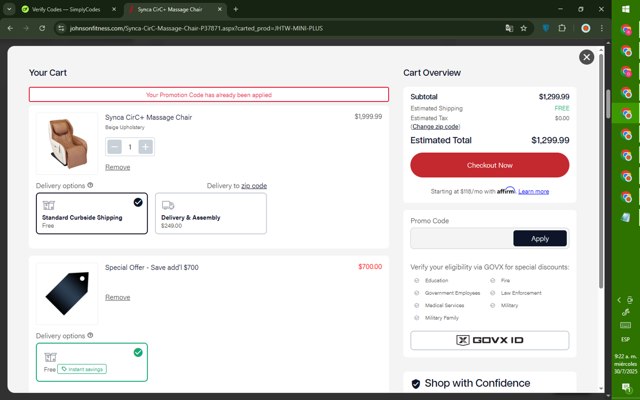 Johnson Fitness and Wellness checkout page showing Johnson Fitness and Wellness promo code box | Screenshot taken by SimplyCodes community member on Jul 30, 2025