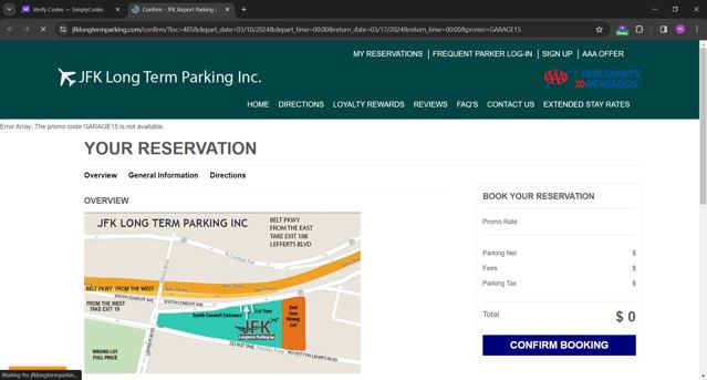 JFK Long Term Parking checkout page showing JFK Long Term Parking promo code box | Screenshot taken by SimplyCodes community member on Jan 11, 2024