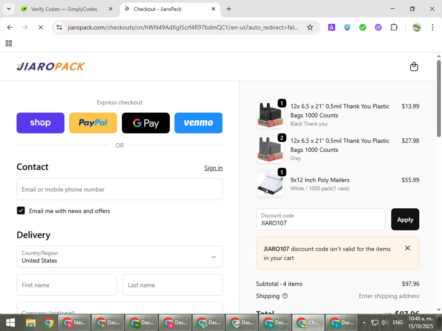 JiaroPack discount code screenshot showing code JIARO107 applied at JiaroPack checkout page. Uploaded by SimplyCodes community member CoinMaven5220 on Oct 15, 2025