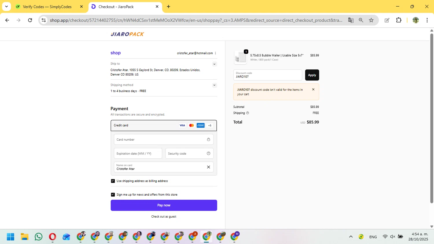 JiaroPack discount code screenshot showing code JIARO107 applied at JiaroPack checkout page. Uploaded by SimplyCodes community member FundoSinai on Oct 28, 2025