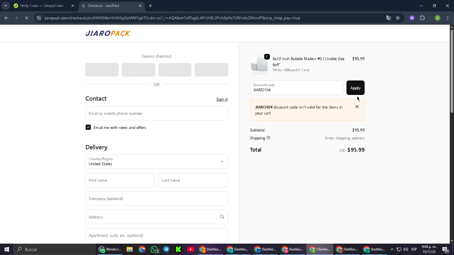 JiaroPack discount code screenshot showing code JIARO104 applied at JiaroPack checkout page. Uploaded by SimplyCodes community member Cynoxx on Nov 15, 2025