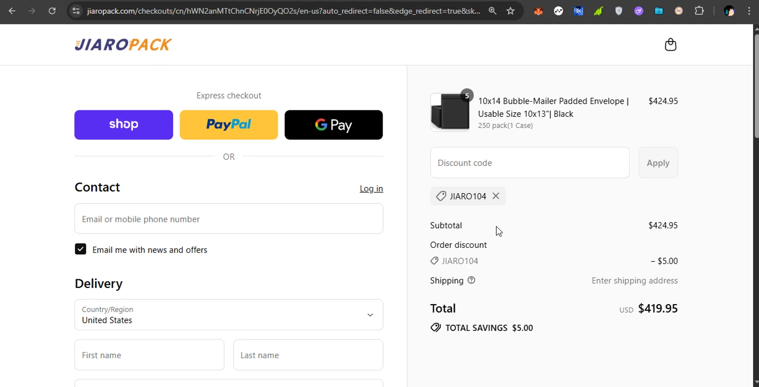 JiaroPack discount code screenshot showing code JIARO104 applied at JiaroPack checkout page. Uploaded by SimplyCodes community member PrimeShopper6600 on Sep 4, 2025
