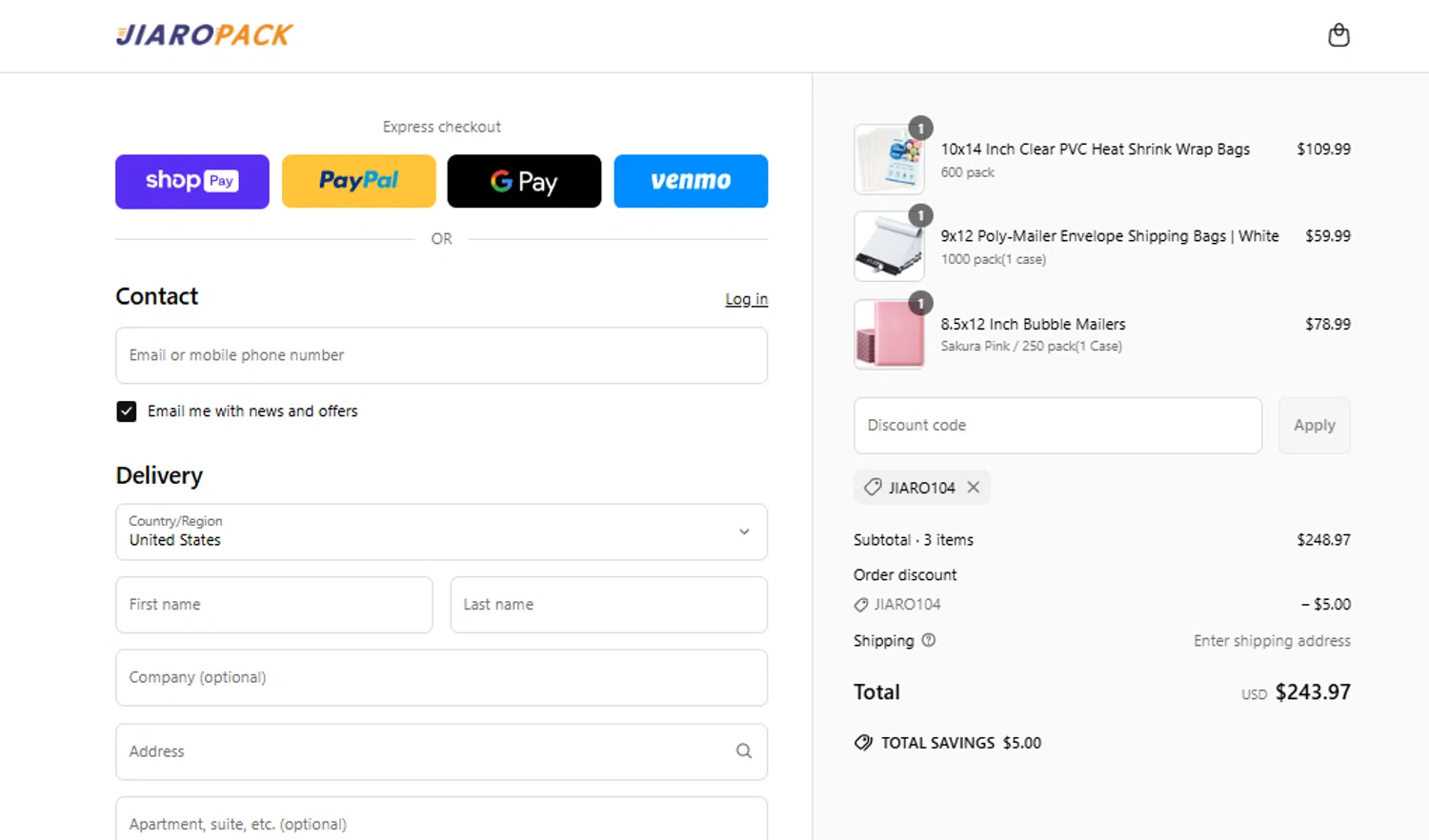 JiaroPack discount code screenshot showing code JIARO104 applied at JiaroPack checkout page. Uploaded by SimplyCodes community member SimplyCVerlie on May 31, 2025