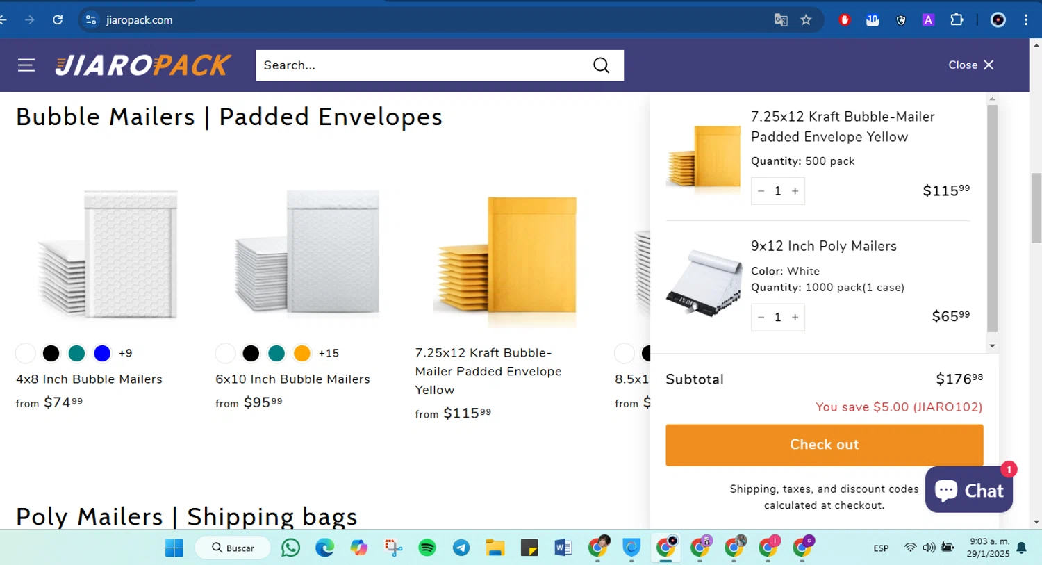 JiaroPack discount code screenshot showing code JIARO102 applied at JiaroPack checkout page. Uploaded by SimplyCodes community member FrugalVirtuoso6318 on Jan 29, 2025