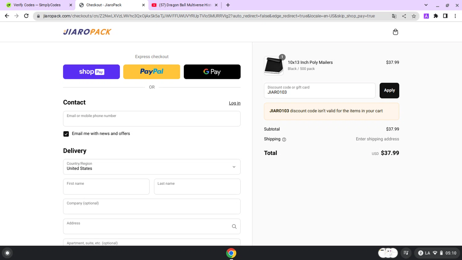 JiaroPack discount code screenshot showing code JIARO103 applied at JiaroPack checkout page. Uploaded by SimplyCodes community member lapampita on Mar 10, 2025