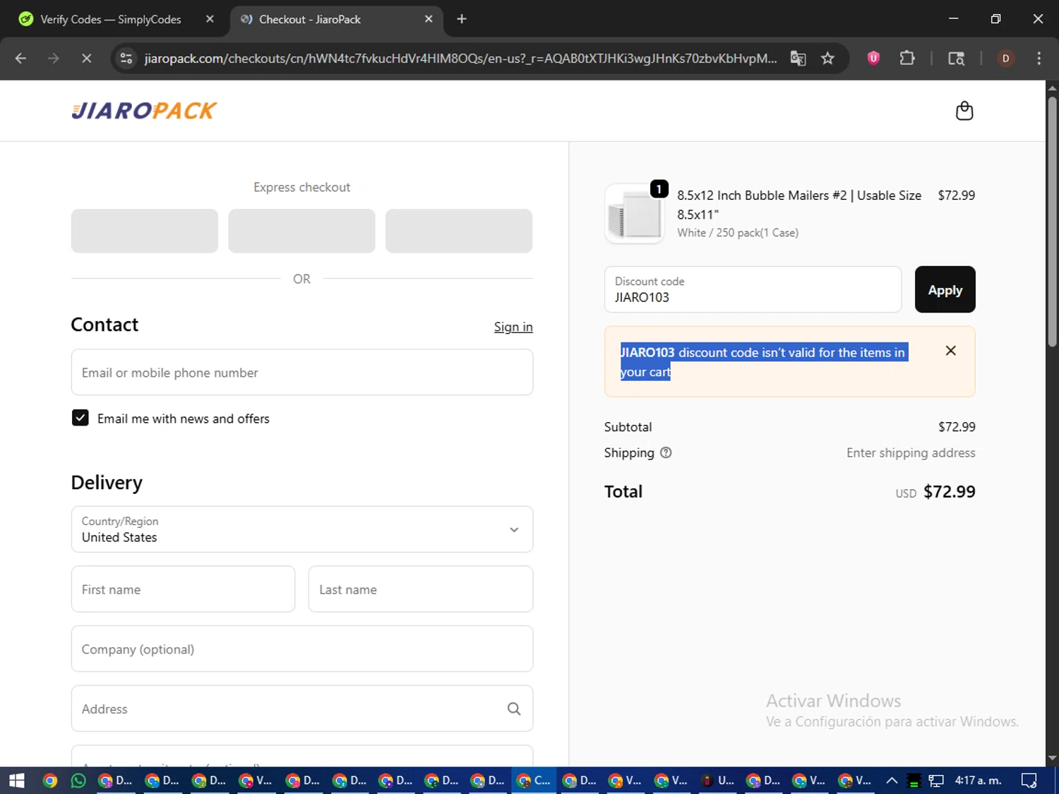 JiaroPack discount code screenshot showing code JIARO103 applied at JiaroPack checkout page. Uploaded by SimplyCodes community member liltecca on Nov 4, 2025