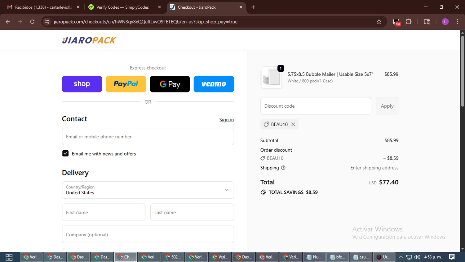 JiaroPack discount code screenshot showing code BEAU10 applied at JiaroPack checkout page. Uploaded by SimplyCodes community member RewardScout5160 on Oct 7, 2025