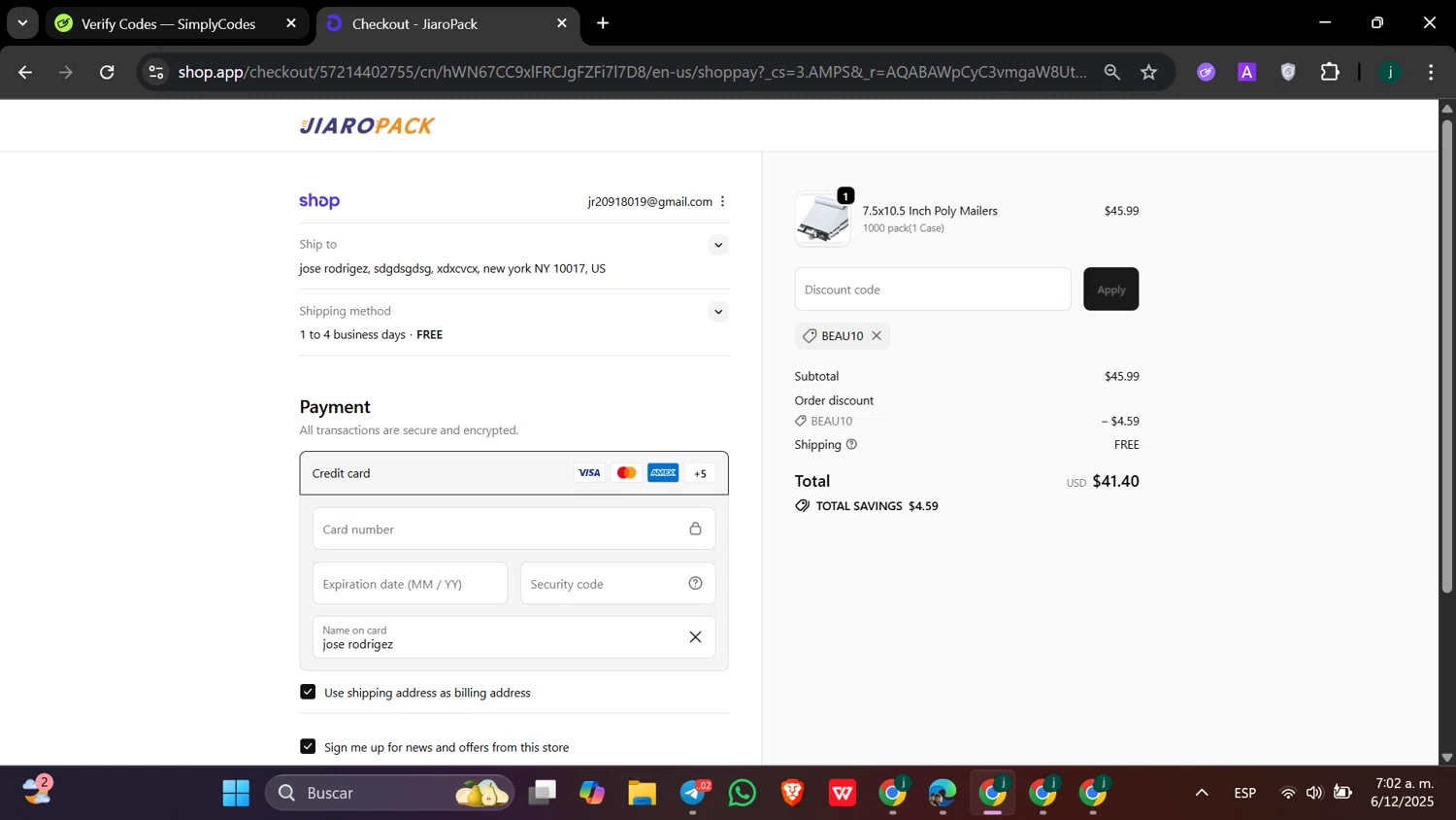 JiaroPack discount code screenshot showing code BEAU10 applied at JiaroPack checkout page. Uploaded by SimplyCodes community member hanzell2 on Dec 6, 2025