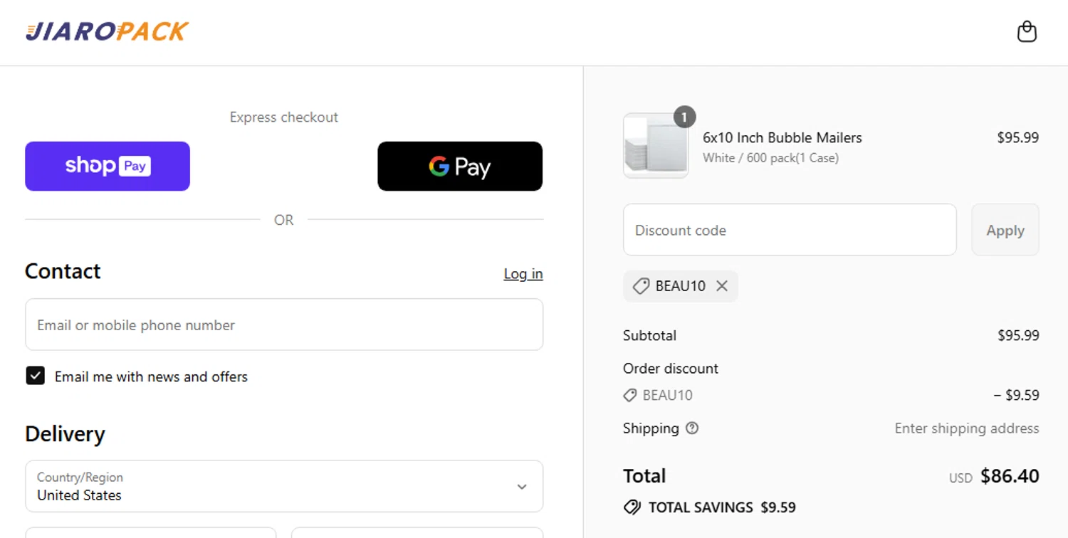 JiaroPack discount code screenshot showing code BEAU10 applied at JiaroPack checkout page. Uploaded by SimplyCodes community member couponcheck01 on Jul 28, 2025