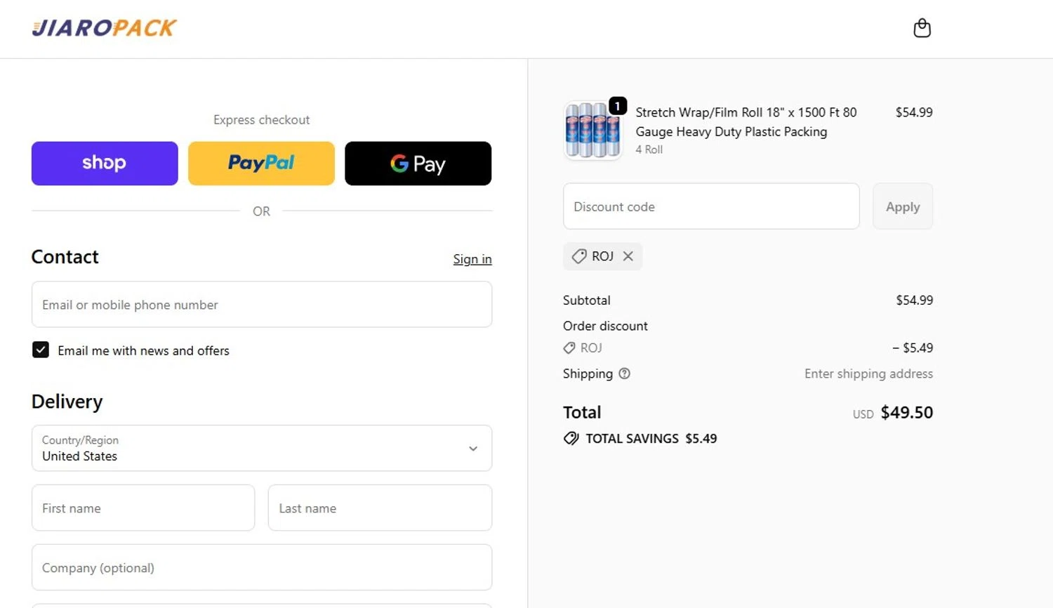 JiaroPack promo code screenshot showing code ROJ applied at JiaroPack checkout page. Uploaded by SimplyCodes community member mandrakke on Jan 17, 2026