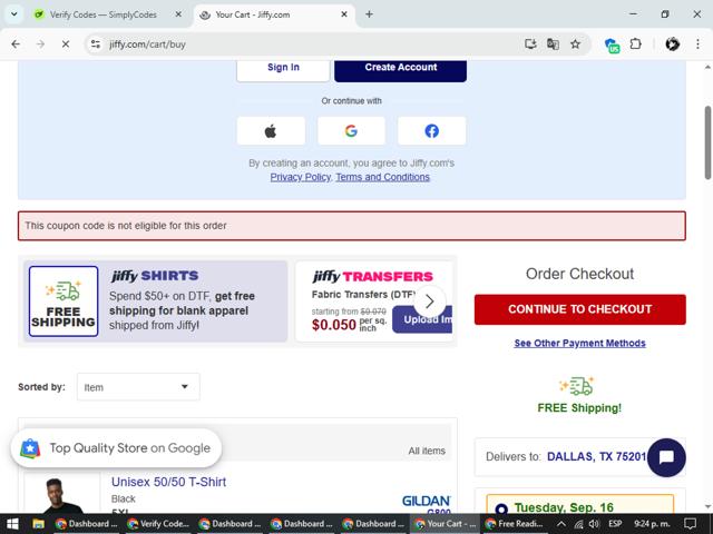 Jiffy checkout page showing Jiffy coupon code box | Screenshot taken by SimplyCodes community member on Sep 15, 2025