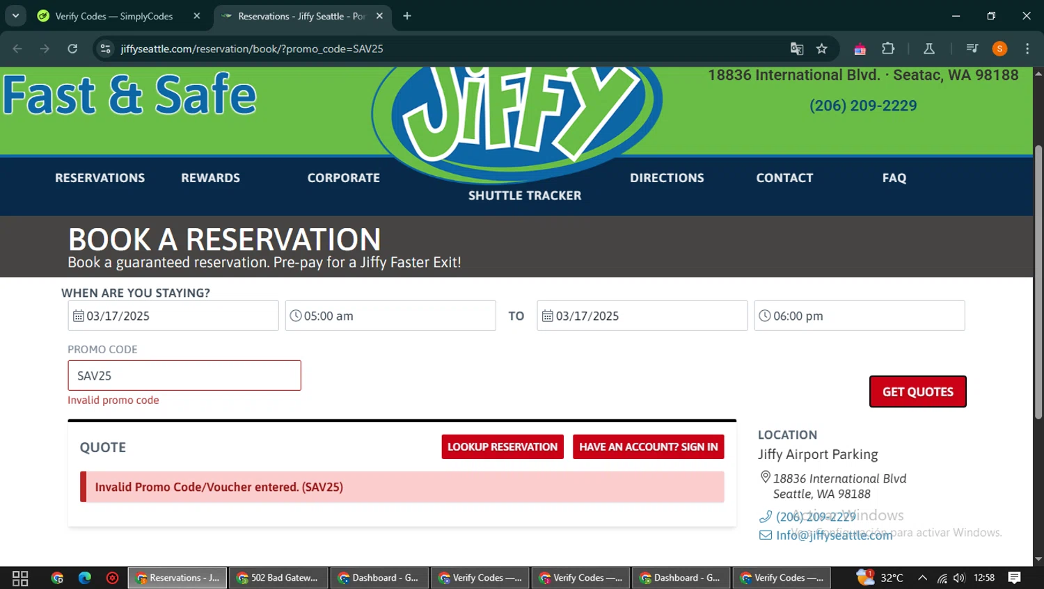 Jiffy Airport Parking promo code screenshot showing code SAV25 applied at Jiffy Airport Parking checkout page. Uploaded by SimplyCodes community member QuestCaptain8930 on Mar 16, 2025