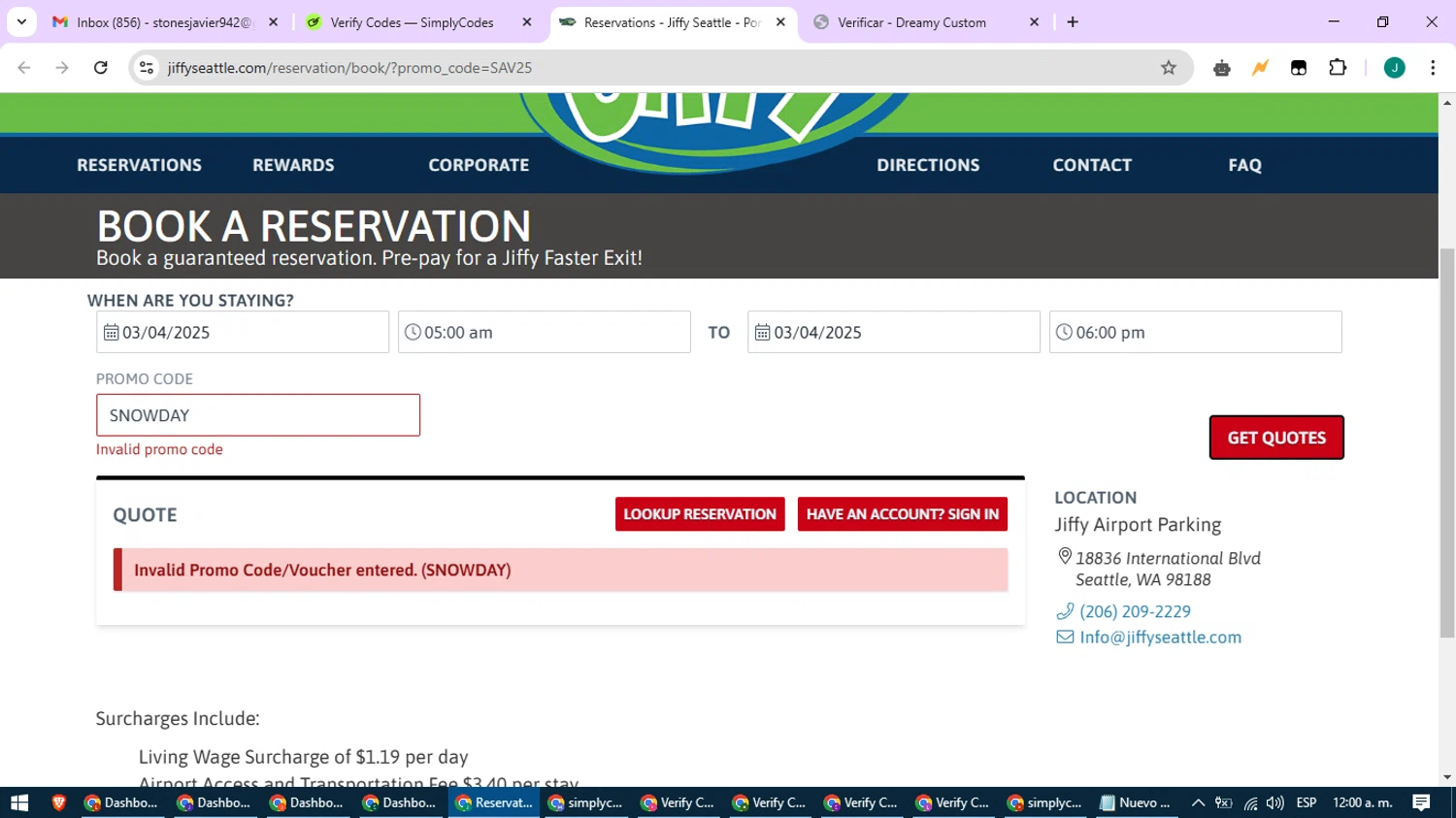 Jiffy Airport Parking promo code screenshot showing code SAV25 applied at Jiffy Airport Parking checkout page. Uploaded by SimplyCodes community member SavvyCurator1770 on Mar 3, 2025