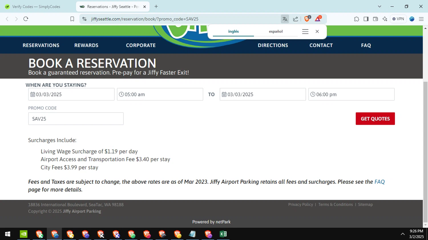 Jiffy Airport Parking checkout page showing Jiffy Airport Parking promo code box | Screenshot taken by SimplyCodes community member on Mar 3, 2025
