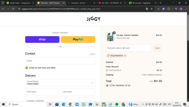 Jiggy Puzzles checkout page showing Jiggy Puzzles promo code box | Screenshot taken by SimplyCodes community member on Sep 6, 2025