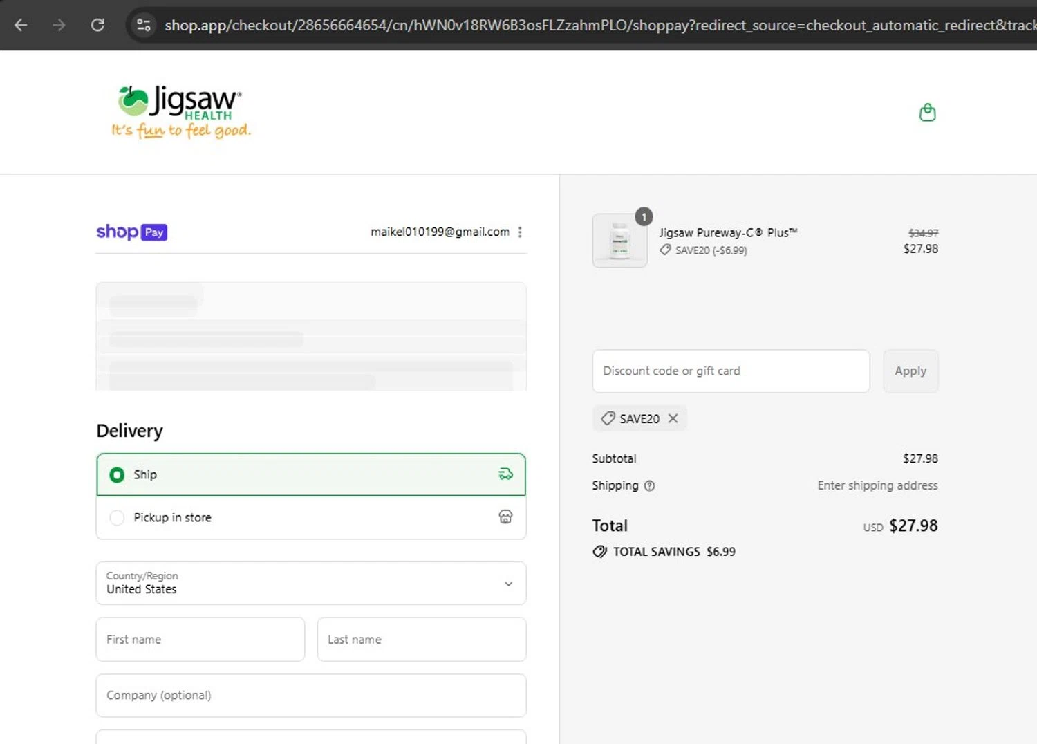 Jigsaw Health promo code screenshot showing code SAVE20 applied at Jigsaw Health checkout page. Uploaded by SimplyCodes community member ElToro on Jul 22, 2025