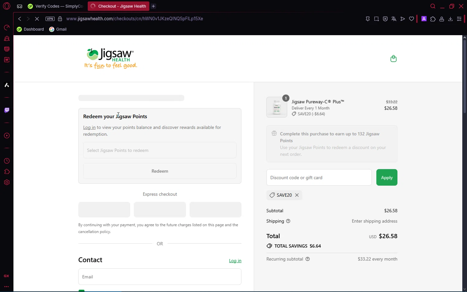 Jigsaw Health promo code screenshot showing code SAVE20 applied at Jigsaw Health checkout page. Uploaded by SimplyCodes community member Pioneer1 on Jul 22, 2025