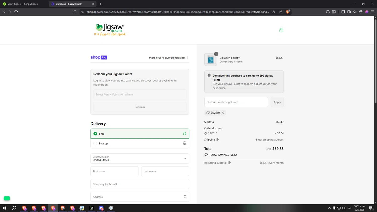 Jigsaw Health promo code screenshot showing code save10 applied at Jigsaw Health checkout page. Uploaded by SimplyCodes community member gggggggggggggggggggggg on Aug 3, 2025