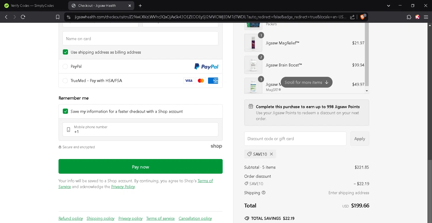 Jigsaw Health promo code screenshot showing code save10 applied at Jigsaw Health checkout page. Uploaded by SimplyCodes community member JosephStevens774 on Feb 28, 2025