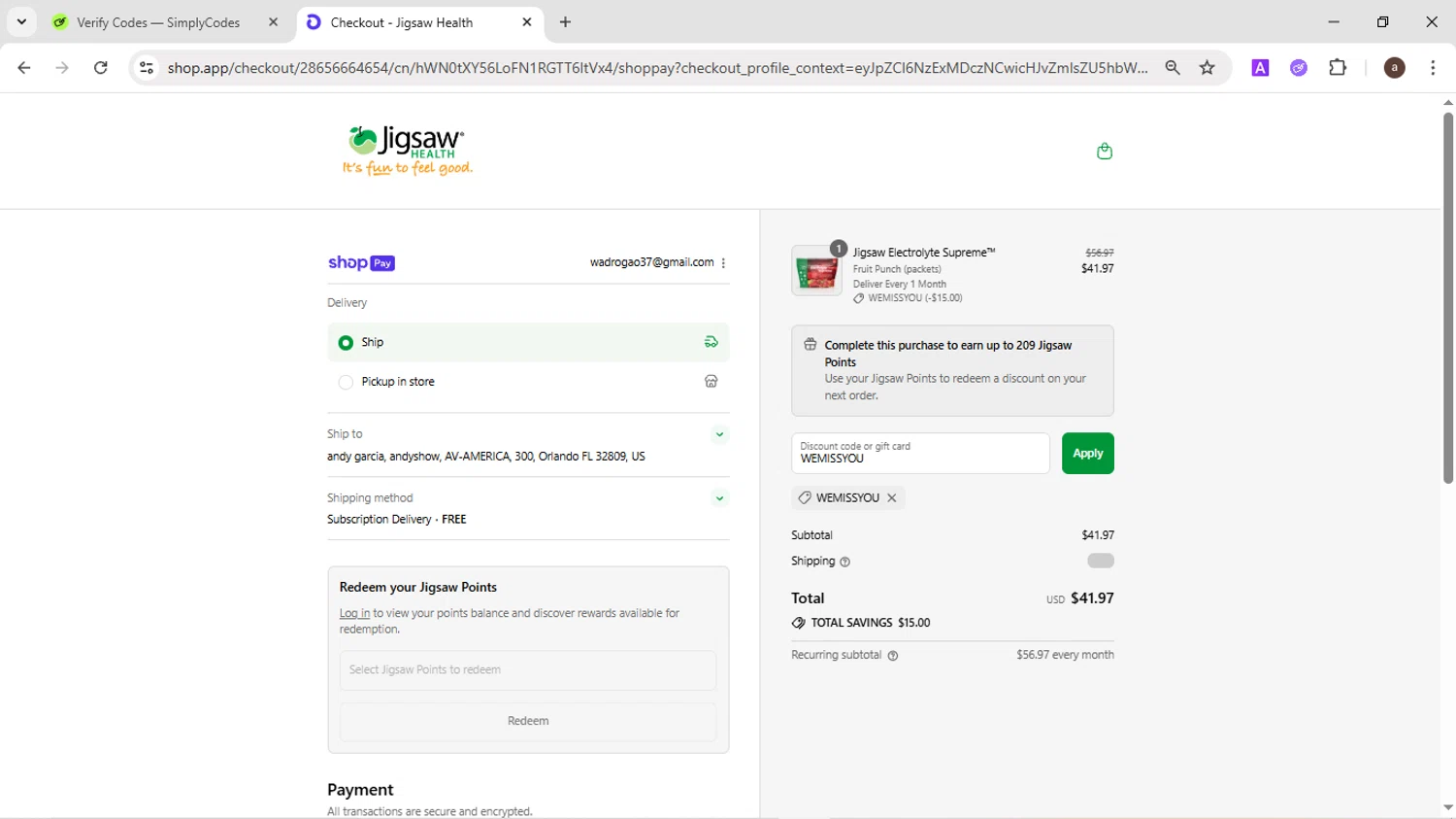 Jigsaw Health promo code screenshot showing code WEMISSYOU applied at Jigsaw Health checkout page. Uploaded by SimplyCodes community member CodeMaverick246 on Jul 21, 2025