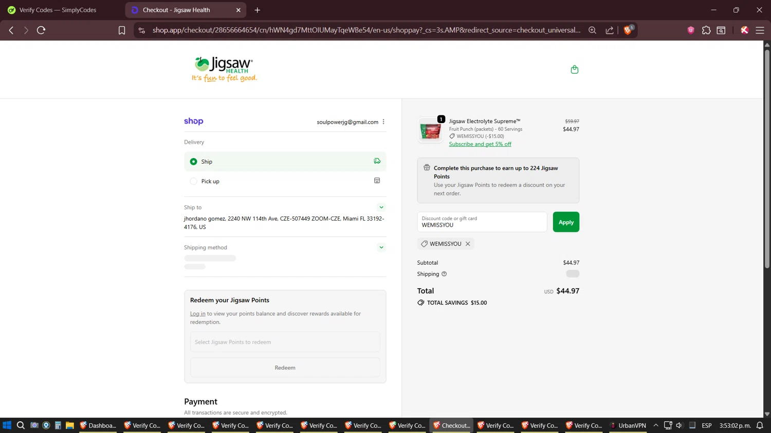 Jigsaw Health promo code screenshot showing code WEMISSYOU applied at Jigsaw Health checkout page. Uploaded by SimplyCodes community member Shizuku on Oct 29, 2025