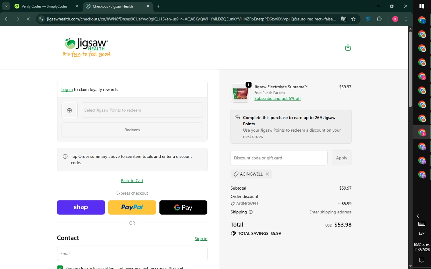 Jigsaw Health checkout page showing Jigsaw Health promo code box | Screenshot taken by SimplyCodes community member on Feb 11, 2026