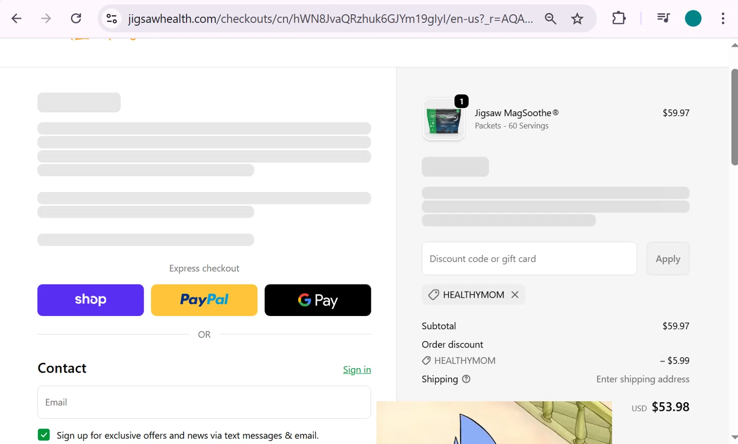Jigsaw Health promo code screenshot showing code HEALTHYMOM applied at Jigsaw Health checkout page. Uploaded by SimplyCodes community member anosesmith on Feb 2, 2026