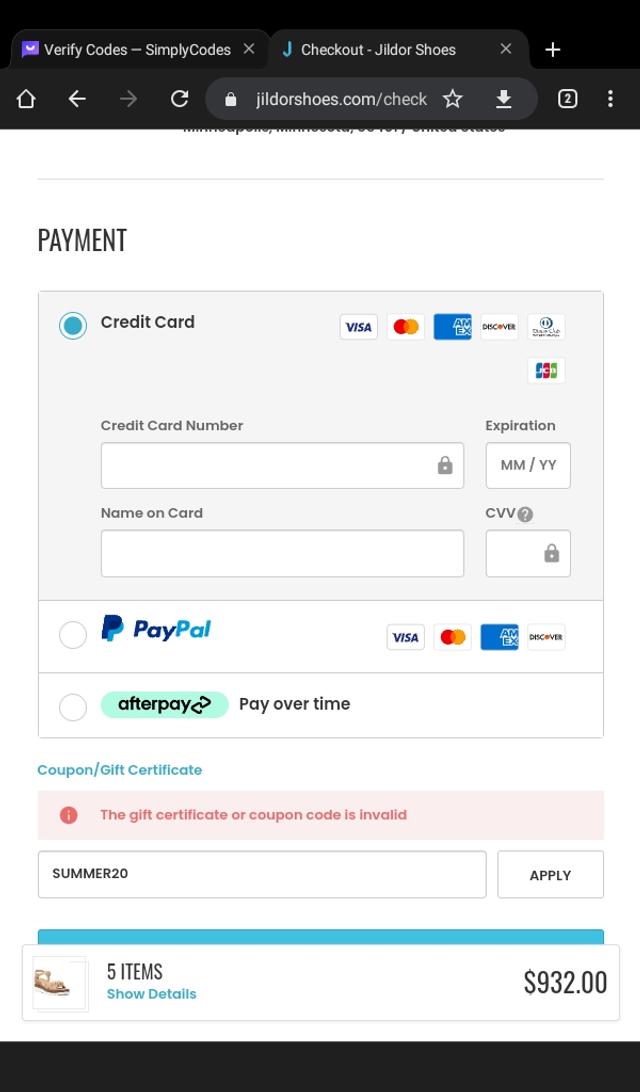 Jildor Shoes checkout page showing Jildor Shoes discount code box | Screenshot taken by SimplyCodes community member on Aug 18, 2023