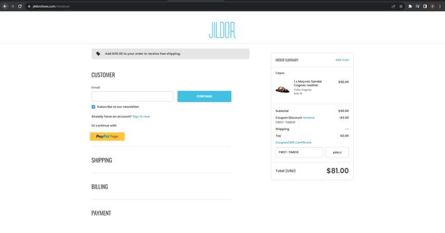 Jildor Shoes checkout page showing Jildor Shoes discount code box | Screenshot taken by SimplyCodes community member on Dec 11, 2023