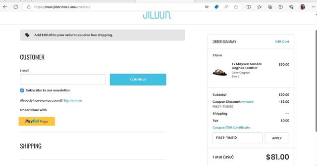 Jildor Shoes checkout page showing Jildor Shoes discount code box | Screenshot taken by SimplyCodes community member on Nov 8, 2023
