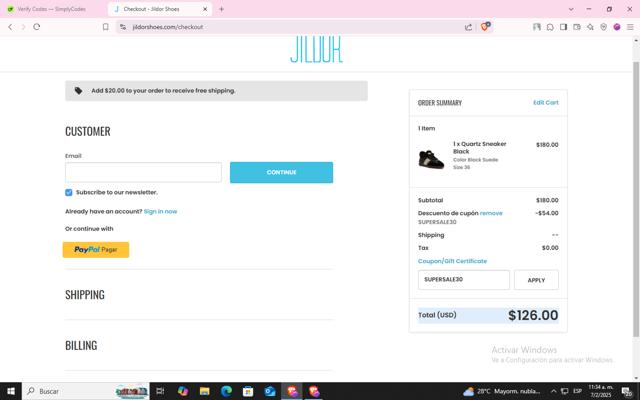 Jildor Shoes checkout page showing Jildor Shoes discount code box | Screenshot taken by SimplyCodes community member on Feb 7, 2025