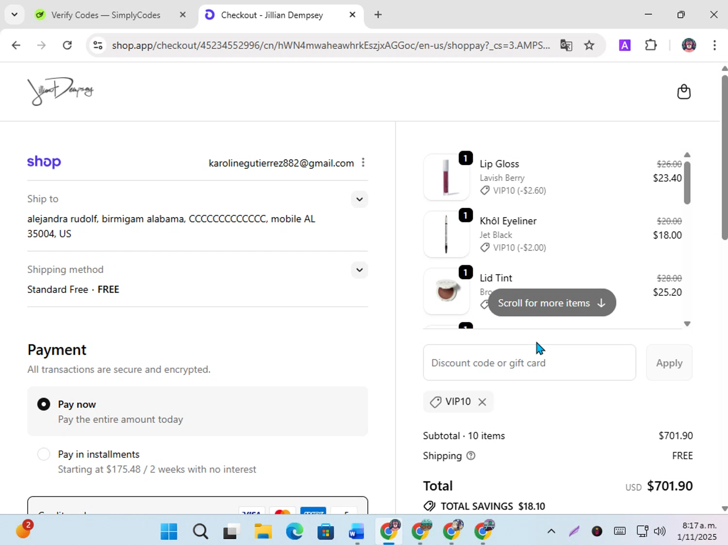 Jillian Dempsey discount code screenshot showing code VIP10 applied at Jillian Dempsey checkout page. Uploaded by SimplyCodes community member karoline on Nov 1, 2025