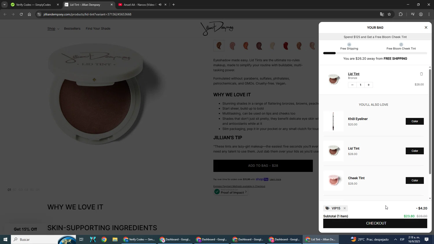 Jillian Dempsey discount code screenshot showing code VIP15 applied at Jillian Dempsey checkout page. Uploaded by SimplyCodes community member ScanShopper554 on Sep 16, 2025