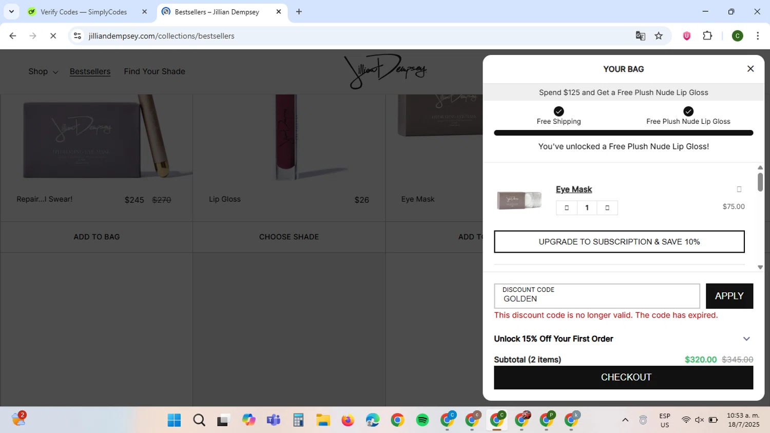Jillian Dempsey discount code screenshot showing code Golden applied at Jillian Dempsey checkout page. Uploaded by SimplyCodes community member VoucherBoss6971 on Jul 18, 2025