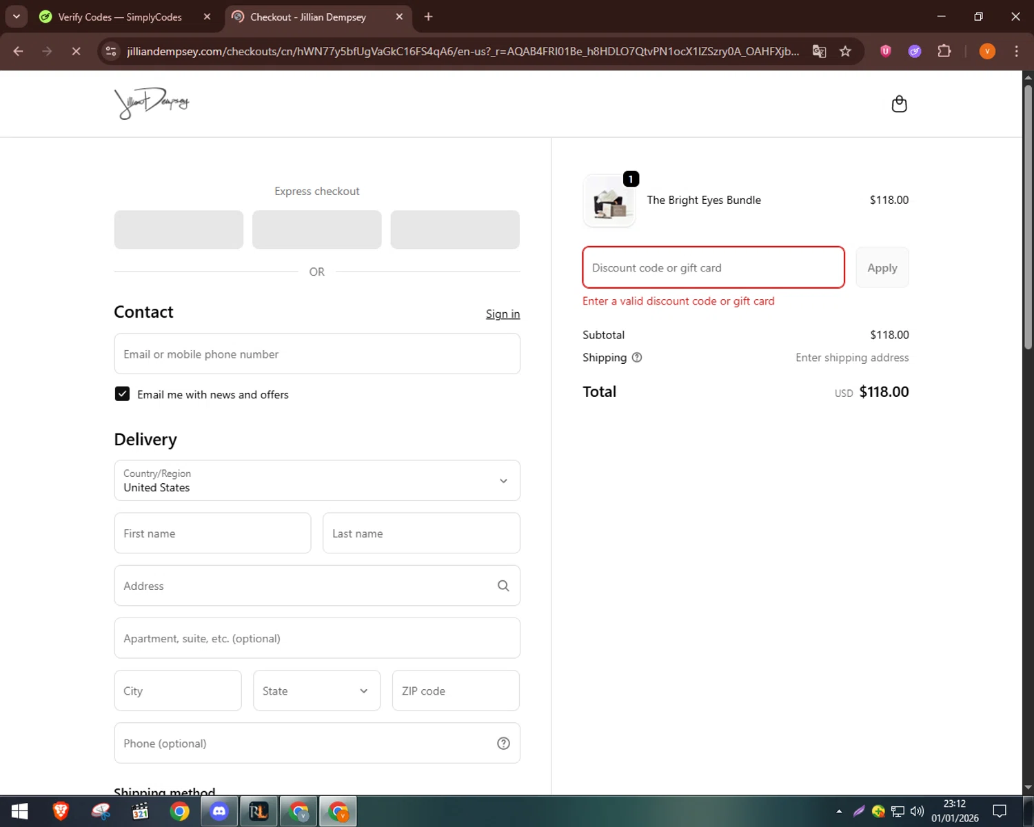 Jillian Dempsey discount code screenshot showing code sally20 applied at Jillian Dempsey checkout page. Uploaded by SimplyCodes community member bulbasaur69 on Jan 2, 2026