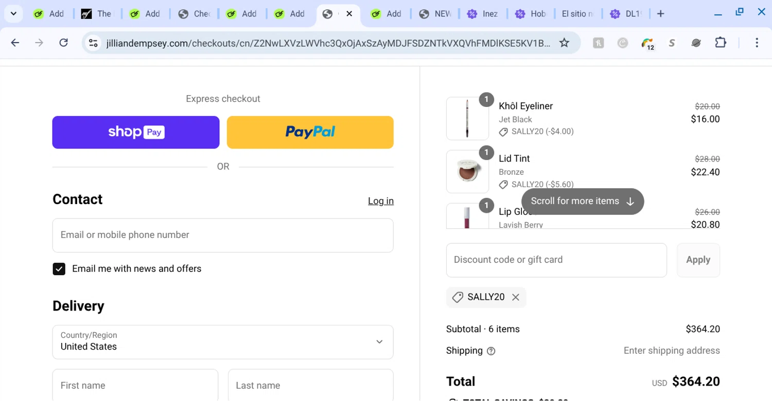 Jillian Dempsey discount code screenshot showing code sally20 applied at Jillian Dempsey checkout page. Uploaded by SimplyCodes community member KarinaHZ on Jul 27, 2025