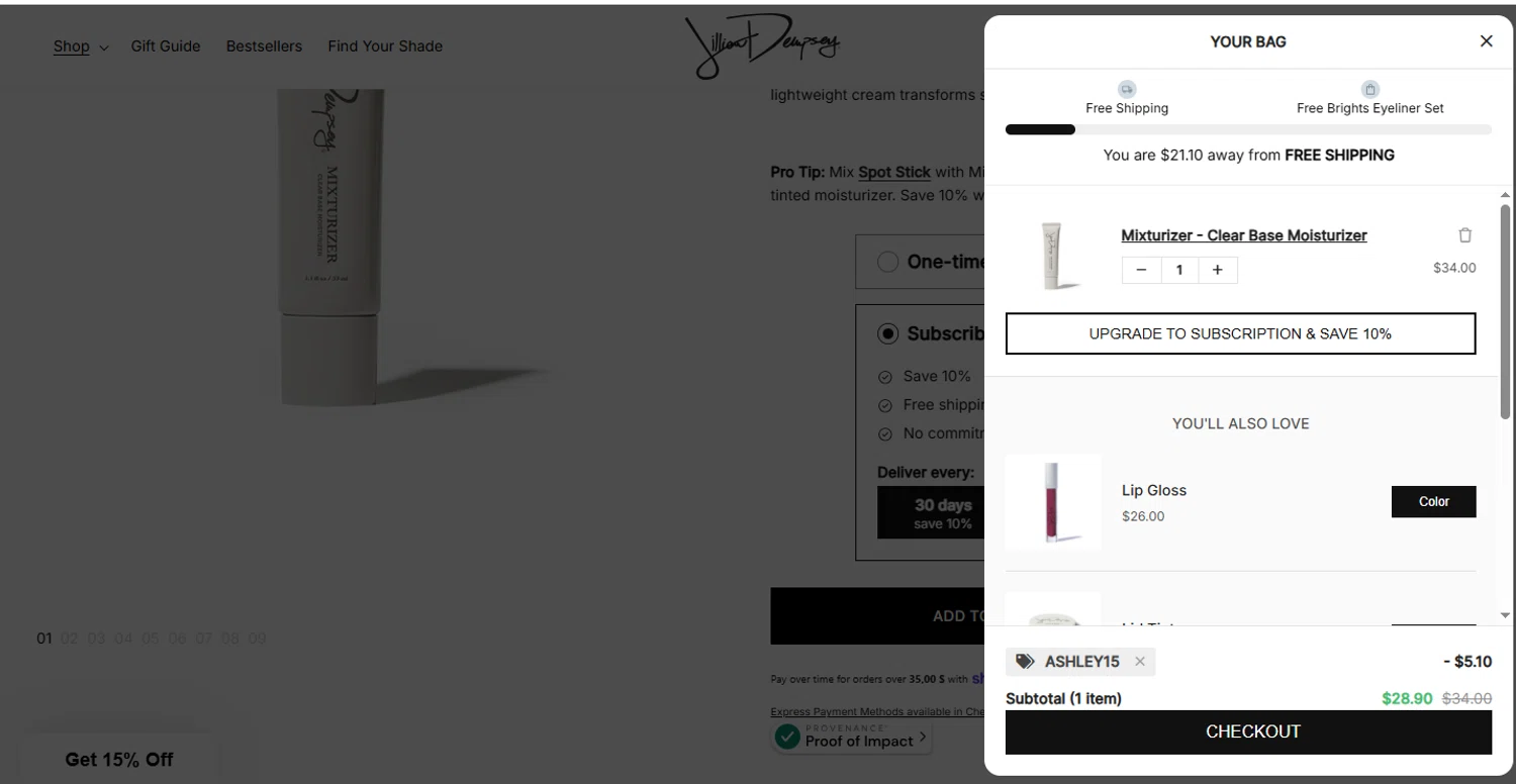 Jillian Dempsey discount code screenshot showing code ASHLEY15 applied at Jillian Dempsey checkout page. Uploaded by SimplyCodes community member yeresojperez on Dec 29, 2025