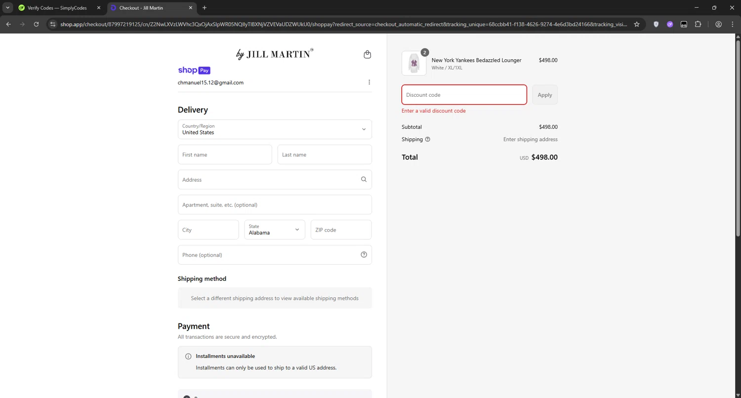 Jill Martin discount code screenshot showing code SUMMER30 applied at Jill Martin checkout page. Uploaded by SimplyCodes community member manuelchirinos2 on Jul 11, 2025
