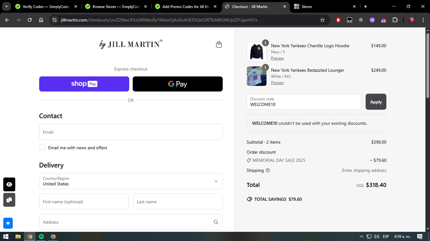 Jill Martin discount code screenshot showing code WELCOME10 applied at Jill Martin checkout page. Uploaded by SimplyCodes community member CouponHawk7847 on May 27, 2025