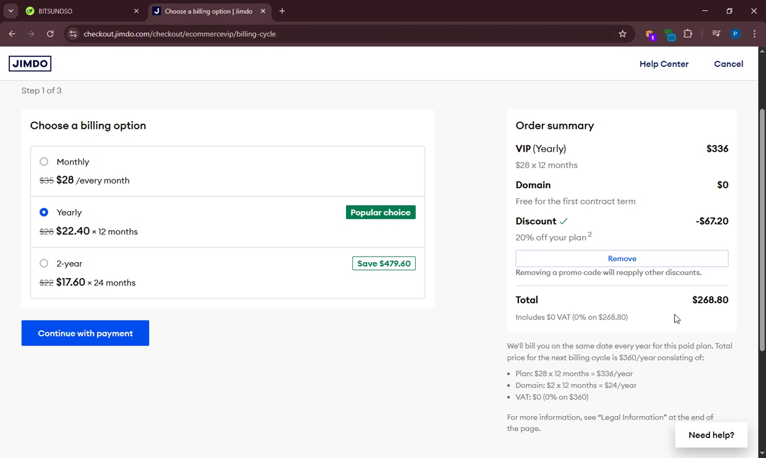 Jimdo checkout page showing Jimdo promo code box | Screenshot taken by SimplyCodes community member on May 3, 2025